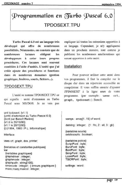 ORDIMAGE numéro 7 page 19 - Programmation en TurboPascal
