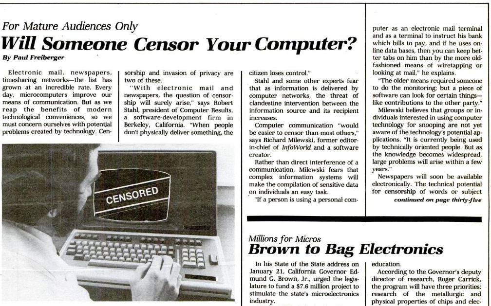 L'informatique favorisera-t-elle la censure ?, InfoWorld du 16 mars 1981 (n° 5, volume 3), 1/2 (cliquer pour agrandir)