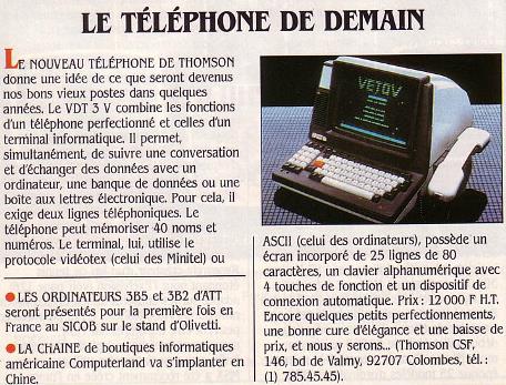 Le VDT 3 V de THOMSON : le téléphone de demain (SVM n° 9, septembre 1984, p. 15)