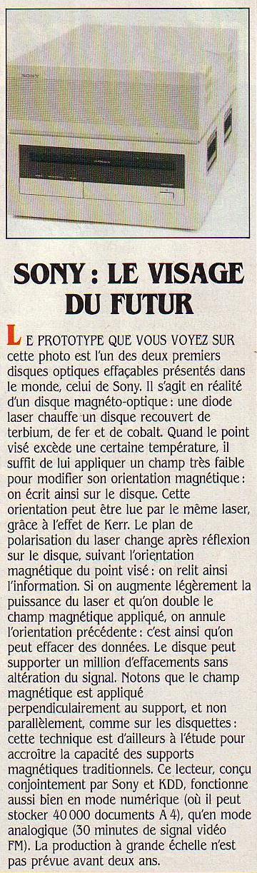 Sony : le visage du futur, SVM n° 15 (mars 1985), p. 11 : à l'ère de la disquette magnétique, Sony prépare l'avenir avec son disque optique numérique réinscriptible