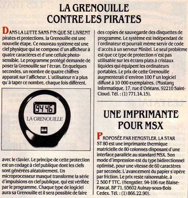 La grenouille contre les pirates, SVM n° 19 (juillet-août 1985), p. 11 : clef de protection physique (codage à clef publique)