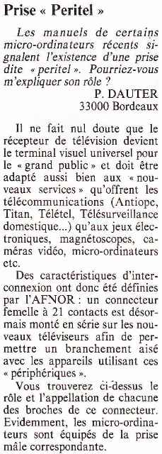 Les débuts de la prise Péritel suscitent des questions de la part des lecteurs de Micro-Systèmes (n° 20, novembre-décembre 1981)