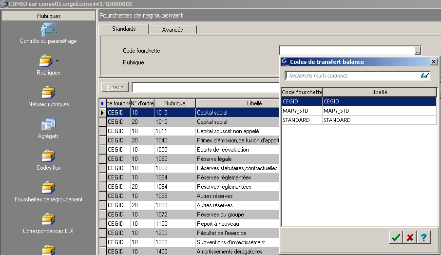 ETAFI CONSO - Fourchettes de regroupement - Codes de transfert balance