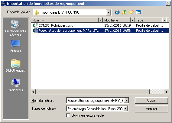 ETAFI CONSO - Fourchettes de regroupement - Fenêtre d'importation