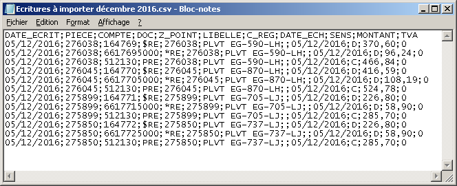 Fichier écritures comptables au format CSV à importer dans DCSnet