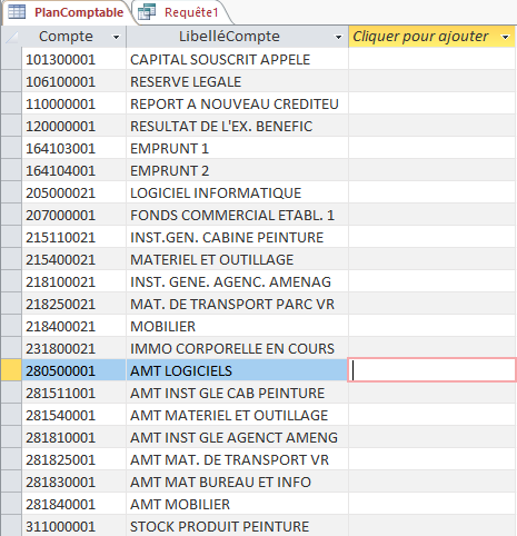 Table de données PlanComptable