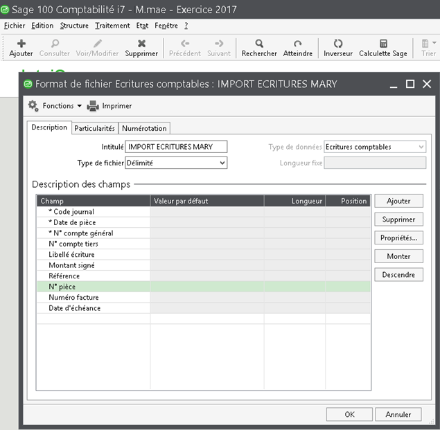 Définition des champs à importer dans SAGE 100 Comptabilité i7