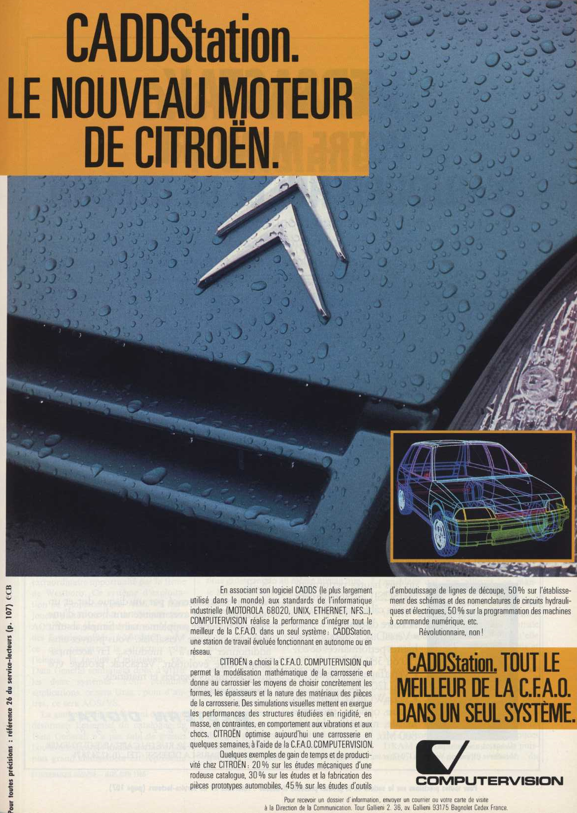 Publicité pour le logiciel de CFAO CADDStation de COMPUTERVISION adopté par Citroën (1988)