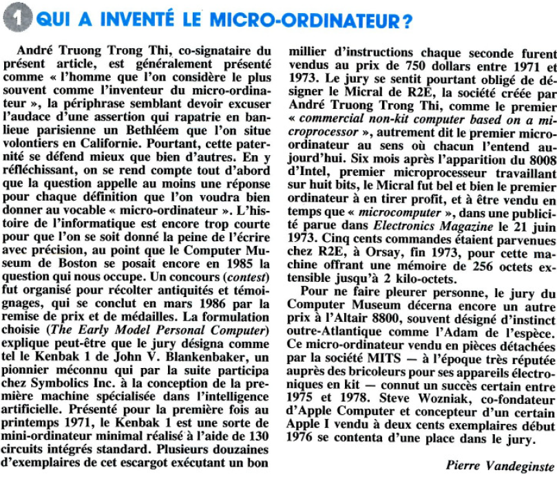 Qui a inventé le micro-ordinateur ? Recherche n° 204 (novembre 1988), p.1417