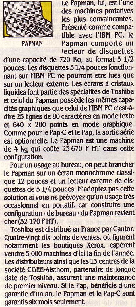 Le PAPMAN de TOSHIBA, Science & Vie Micro n° 20 (septembre 1985), p.76