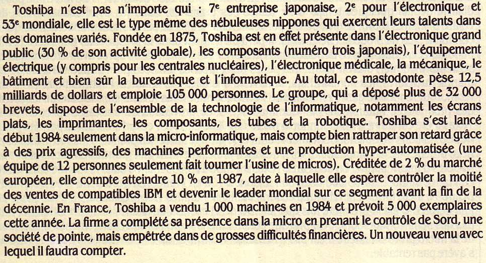 TOSHIBA en quelques chiffres, Science & Vie Micro n° 20 (septembre 1985), p.76