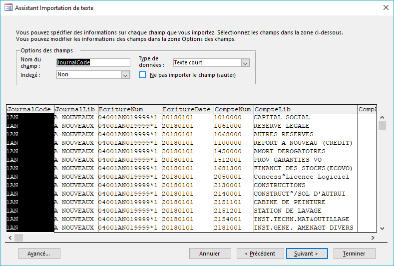 ACCESS - Assistant importation de texte - Champs