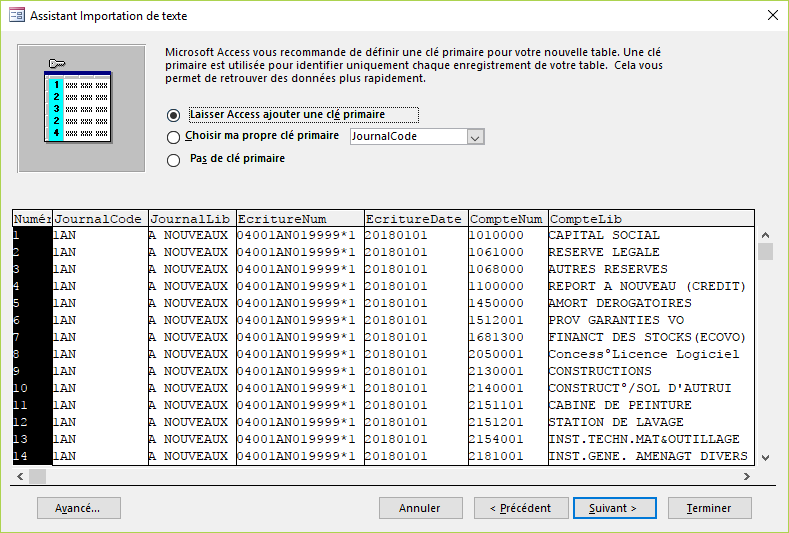 ACCESS - Assistant importation de texte - Clé primaire