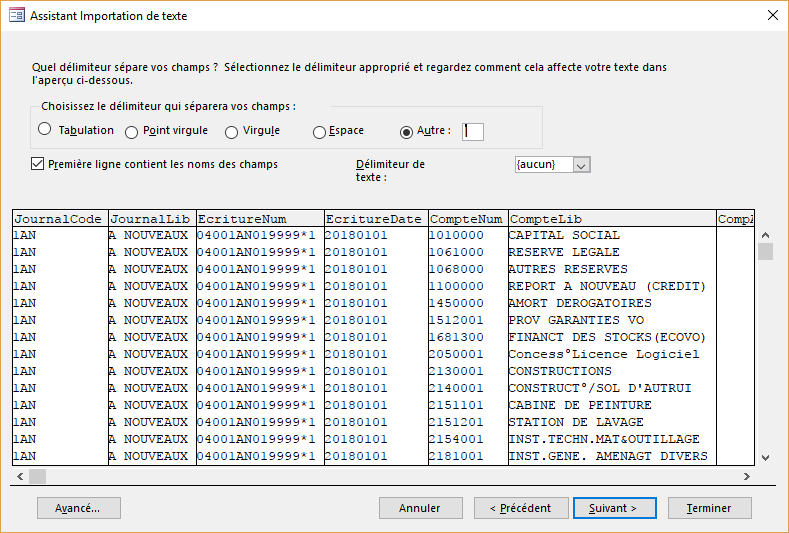 ACCESS - Assistant importation de texte - Délimiteur