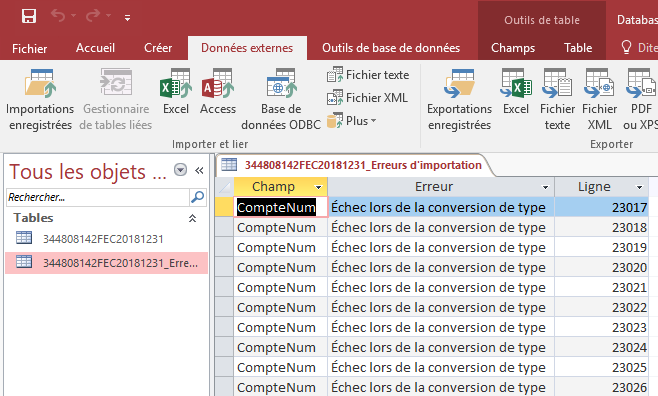 ACCESS - Assistant importation de texte - Table des erreurs