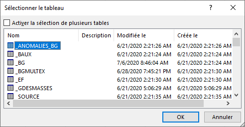 Excel - Données ACCESS (sélectionner le tableau)