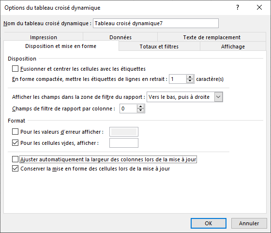 Excel - TCD Menu Analyse options du TCD