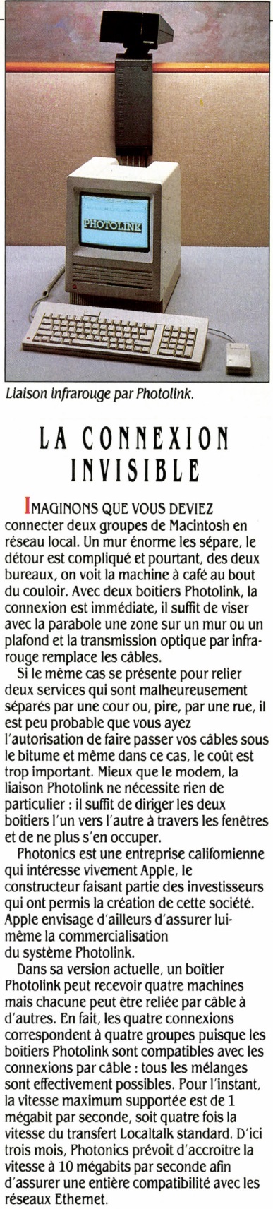 Liaison infrarouge Photolink, la connexion invisible, SVM n° 68 (janvier 1990), p. 20