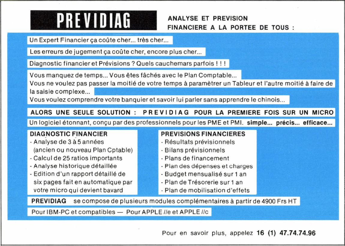 Publicité pour le logiciel d'analyse et de prévision financière PREVIDIAG (1986)