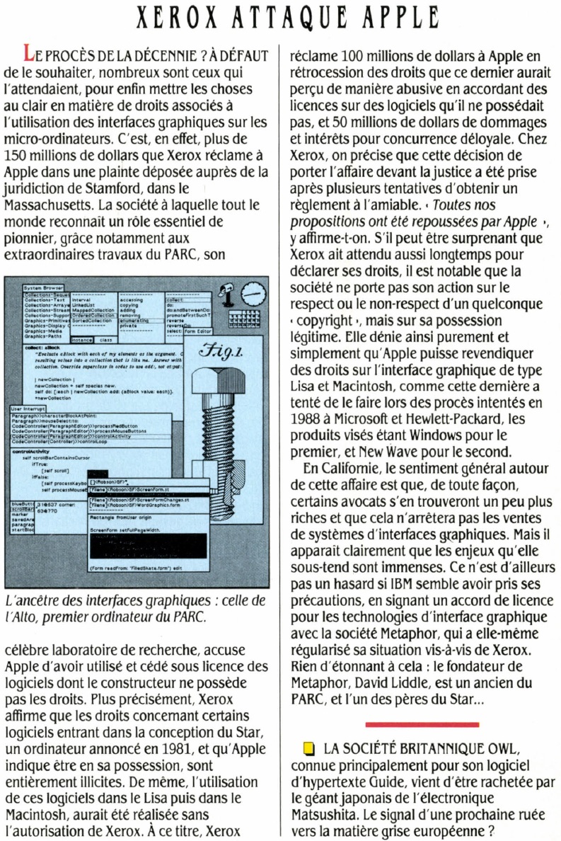 XEROX attaque Apple, SVM n° 68 (janvier 1990), p. 13