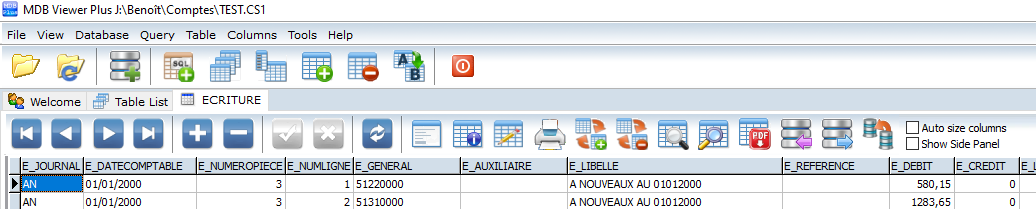 MDB VIEWER table ECRITURES