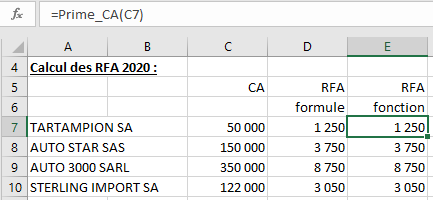 Calcul RFA fonction