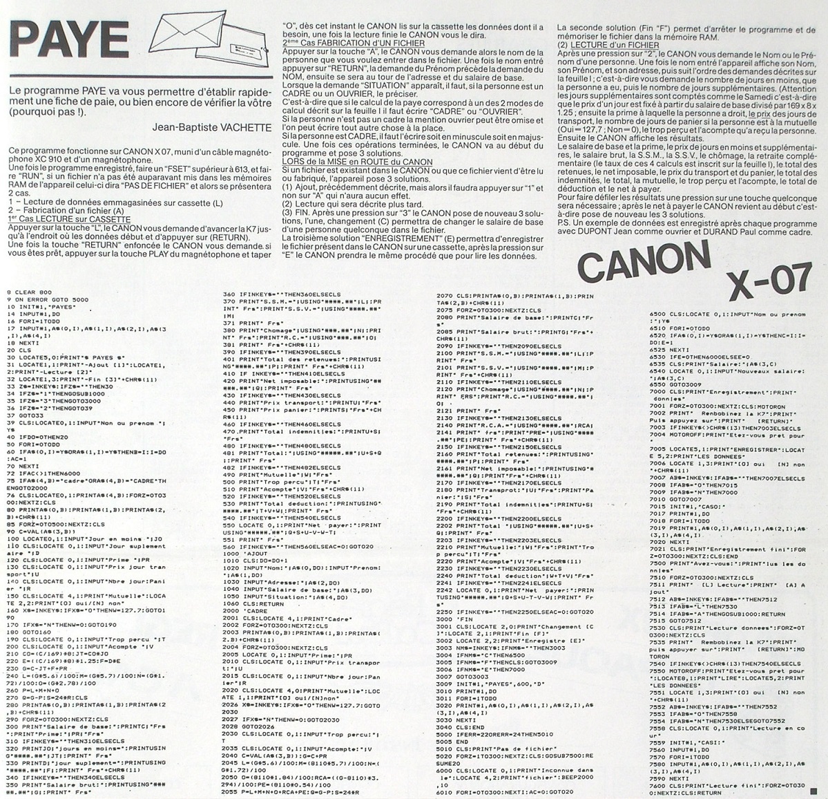 Listing d'un programme de paye pour CANON X-07 qui tient sur une page... (HEBDOGICIEL n° 29-du 27/04/1984, p. 19)