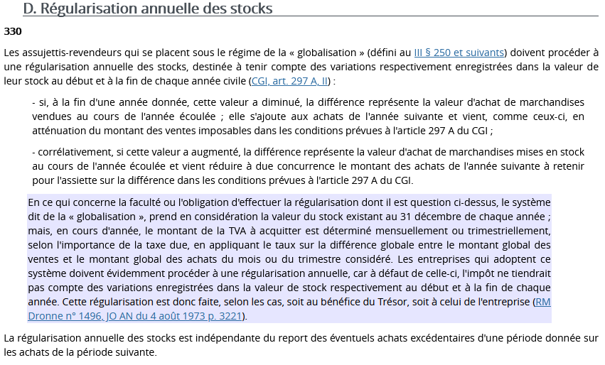 Régularisation annuelle des stocks (BOI-TVA-SECT-90-20-20-20210813)