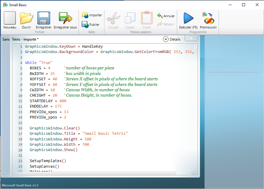 Code source du programme Tetris