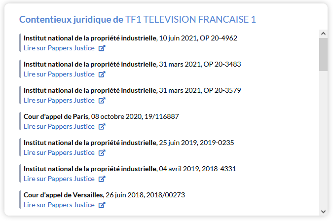 Exemple de décisions de justice fournies par le site Pappers pour la société TF1 TELEVISION FRANCAISE 1 (SIREN 326 300 159)
