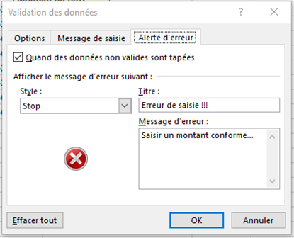 VALIDATION DONNEES Alerte d'erreur exemple