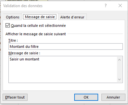 VALIDATION DONNEES Message de saisie exemple