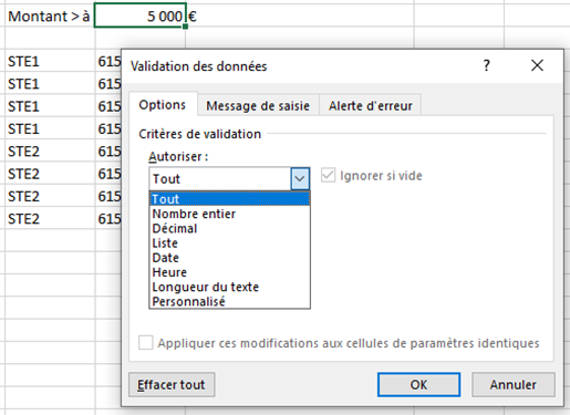 VALIDATION DONNEES Options