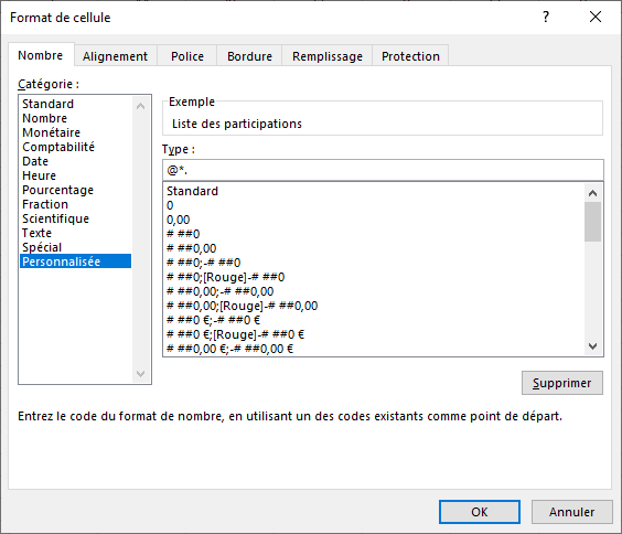 Excel Format Points de suite