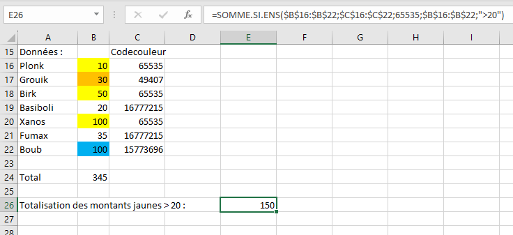 SOMME.SI.ENS couleur Résultat