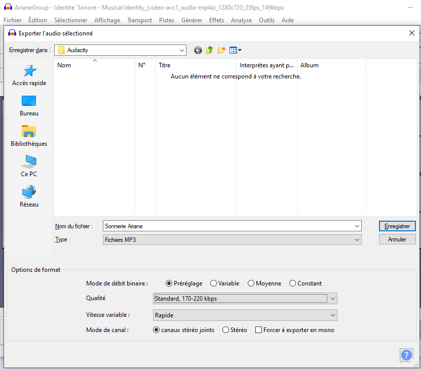 AUDACITY Exporter MP3 Nom