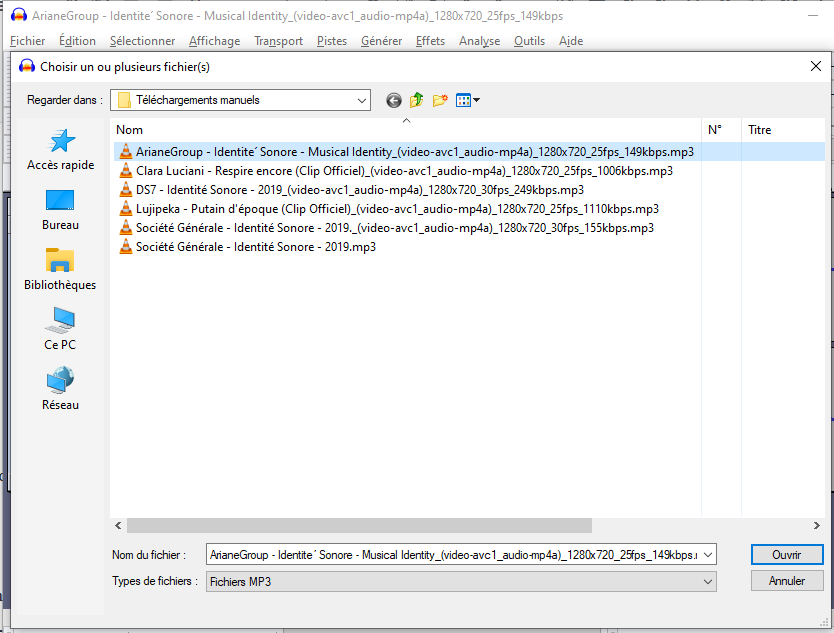 AUDACITY Fichier Ouvrir Sélection