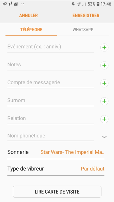 Fiche contact du répertoire téléphonique : la sonnerie affectée à ce contact est la marche impériale de Dark Vador (Star Wars)