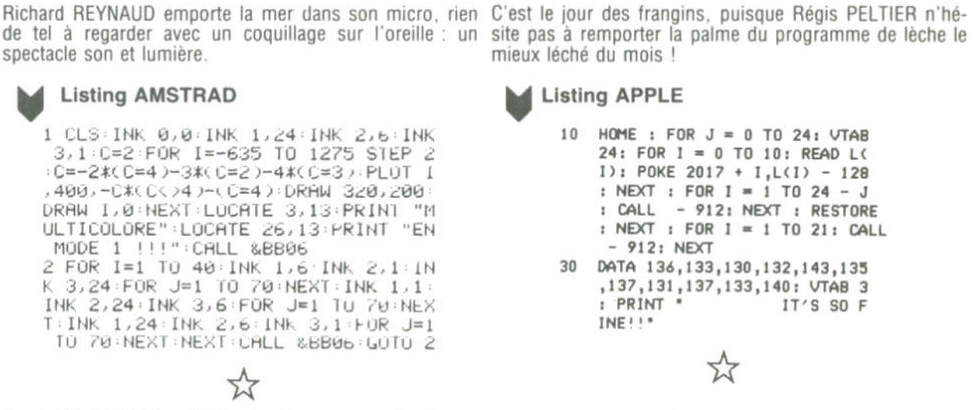 DEULIGNES : sorte de défi pour informaticiens en herbe dont le but était d'écrire le maximum de choses en un minimum de commandes (tout l'inverse d'aujourd'hui !) pour économiser la mémoire fort rare dans les années 80 ; exemples tirés ici de l'Hebdologiciel n° 82 du 10 mai 1985 (page 10)