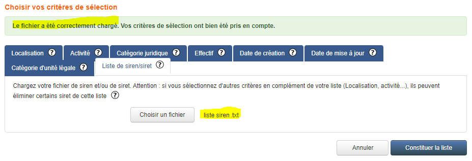 SIRENE Constituer liste à partir SIREN fichier txt OK