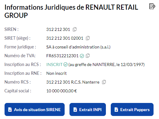 Numéro SIRET de RENAULT RETAIL GROUP sur le site d'informations juridiques Pappers.