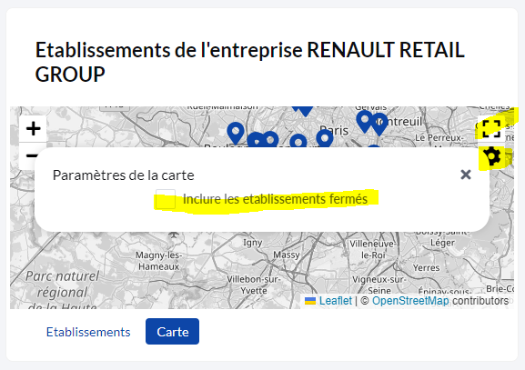 PAPPERS Etablissements carte options