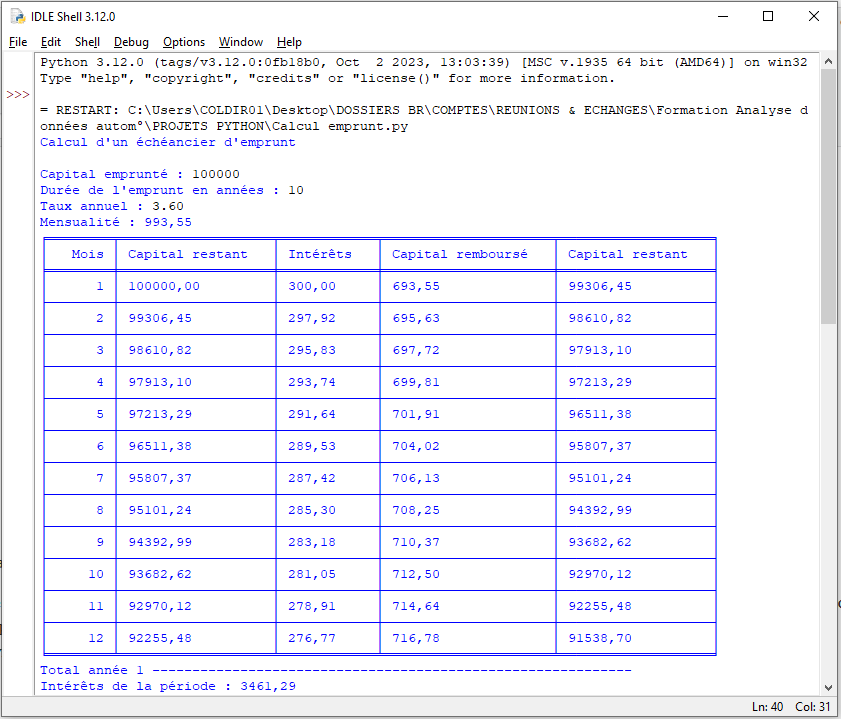 PYTHON Calcul emprunt année 1