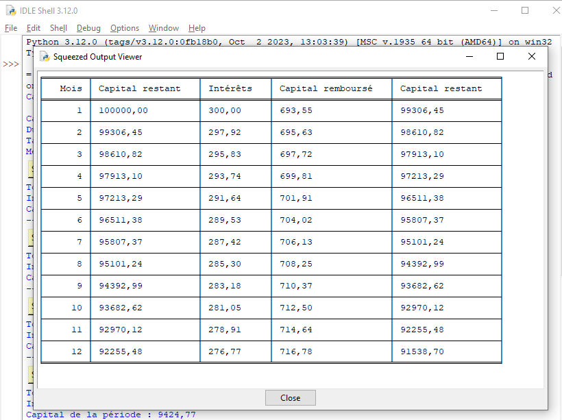 PYTHON Calcul emprunt output viewer