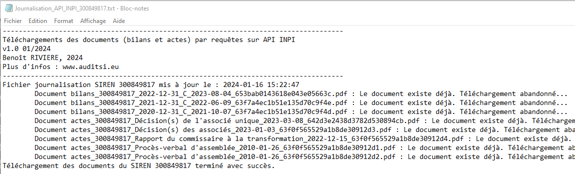 API INPI Journalisation