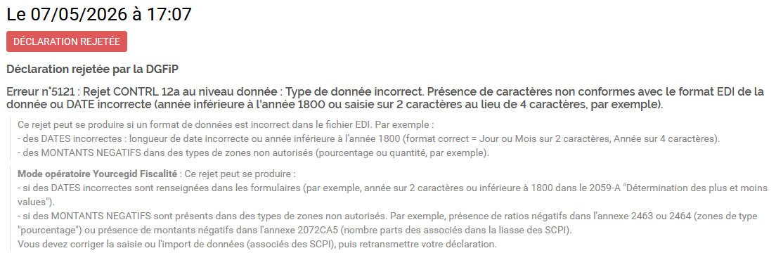Message rejet DGFiP